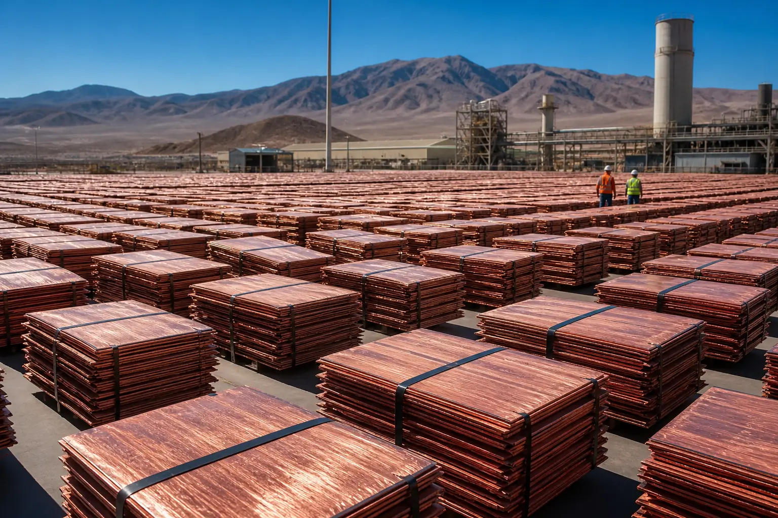Cátodos de cobre apilados en el patio de una faena minera del norte de Chile